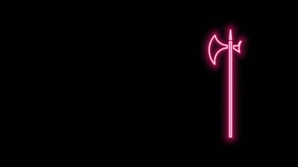 Leuchtende Leuchtschrift Mittelalterliche Hellebarde Ikone isoliert auf schwarzem Hintergrund. Mittelalterliche Waffe. 4K Video Motion Grafik Animation — Stockvideo