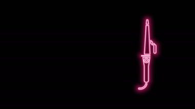 Siyah arka planda izole edilmiş saç simgesi için parlak neon çizgisi saç maşası. Saç düzleştirici ikonu. 4K Video hareketli grafik canlandırması