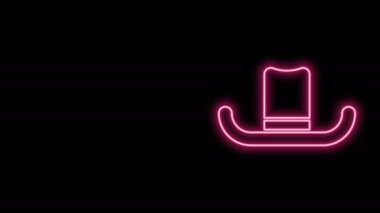 Siyah arka planda izole edilmiş kurdele ikonu olan parlak neon çizgili adam şapkası. 4K Video hareketli grafik canlandırması