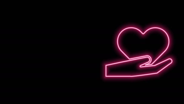 Λαμπερό νέον γραμμή Καρδιά στο χέρι εικονίδιο απομονώνονται σε μαύρο φόντο. Το χέρι που δίνει το σύμβολο αγάπης. Σύμβολο του Αγίου Βαλεντίνου. 4K Γραφική κίνηση κίνησης βίντεο — Αρχείο Βίντεο