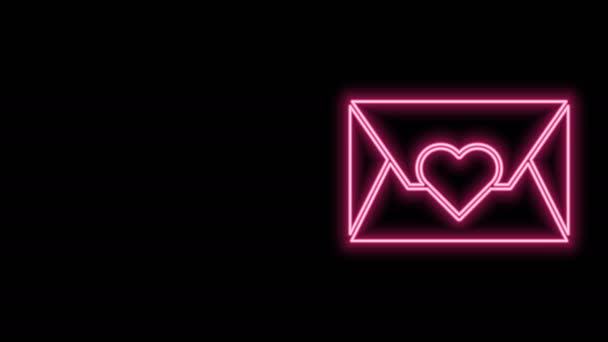Leuchtender neonfarbener Briefumschlag mit Valentinsherz-Symbol isoliert auf schwarzem Hintergrund. Botschaft Liebe. Briefliebe und Romantik. 4K Video Motion Grafik Animation — Stockvideo