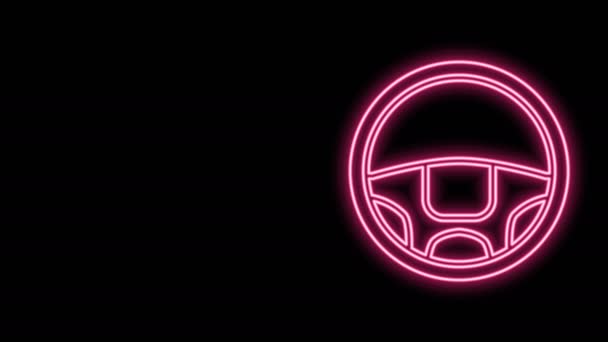 Glowing neon line Steering wheel icon isolated on black background. Car wheel icon. 4K Video motion graphic animation — Stock Video