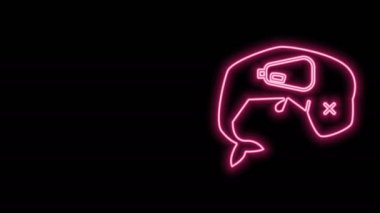 Parlayan neon hattı çevre koruma kavramı. Siyah arka planda ölü balina ikonu. 4K Video hareketli grafik canlandırması