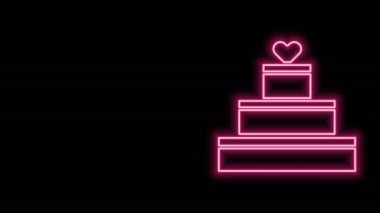 Siyah arka planda kalp ikonu olan parlak neon çizgili düğün pastası. Sevgililer Günü sembolü. 4K Video hareketli grafik canlandırması