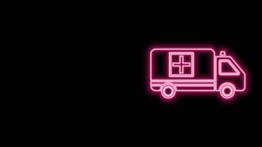 Parlayan neon hattı ambulansı ve acil durum arabası simgesi siyah arka planda izole edildi. Ambulans aracı tıbbi tahliye. 4K Video hareketli grafik canlandırması