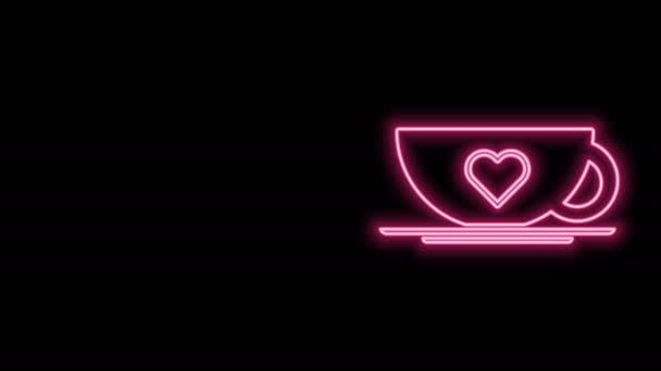 Zářící neonová čára Káva šálek a srdce ikona izolované na černém pozadí. Pár kávy pro milence na Valentýna. Grafická animace pohybu videa 4K — Stock video