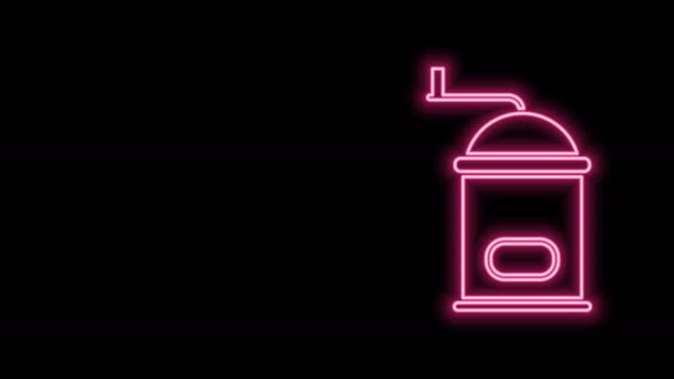 Linha de néon brilhante Ícone de moedor de café manual isolado no fundo preto. Animação gráfica em movimento de vídeo 4K — Vídeo de Stock