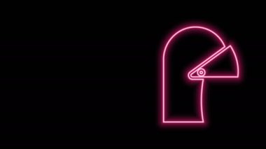 Siyah arka planda izole edilmiş baş koruma ikonu için parlayan neon hattı Ortaçağ demir miğferi. 4K Video hareketli grafik canlandırması