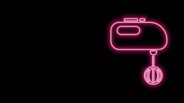 Parlayan neon hattı elektrik karıştırıcı simgesi siyah arkaplanda izole edildi. Mutfak blenderi. 4K Video hareketli grafik canlandırması