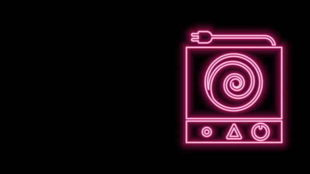 Świecąca neonowa linia Ikona pieca elektrycznego izolowana na czarnym tle. Znak płyty grzewczej. Płyta z czterema palnikami okrężnymi. 4K Animacja graficzna ruchu wideo — Wideo stockowe