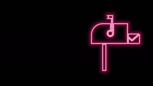 Glowing neon line Open mail box icon isolated on black background. Mailbox icon. Mail postbox on pole with flag. 4K Video motion graphic animation — Stock Video