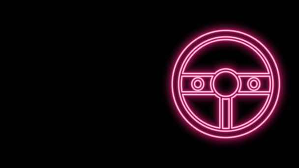 Gloeiende neon lijn Stuurwiel pictogram geïsoleerd op zwarte achtergrond. Autowiel icoon. 4K Video motion grafische animatie — Stockvideo