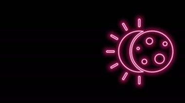 Parlayan neon hattı güneş tutulması simgesi siyah arkaplanda izole edildi. Tam sonar tutulması. 4K Video hareketli grafik canlandırması