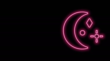 Parlayan neon hattı Ay ve yıldız simgesi siyah arkaplanda izole edildi. Bulutlu gece işareti. Uyku rüyalarının sembolü. Gece ya da yatak zamanı tabelası. 4K Video hareketli grafik canlandırması