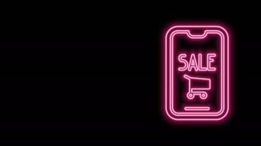 Parlayan neon hattı cep telefonu ve alışveriş arabası simgesi siyah arka planda izole edildi. İnternetten satın alma sembolü. Süpermarket sepeti sembolü. 4K Video hareketli grafik canlandırması