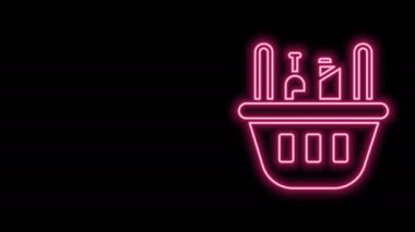Parlayan neon hattı alışveriş sepeti ve siyah arka planda izole edilmiş yiyecek ikonu. Yiyecek dükkanı, süpermarket. 4K Video hareketli grafik canlandırması