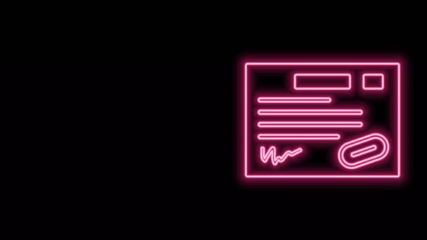 Icono de plantilla de certificado de garantía de línea de neón brillante aislado sobre fondo negro. Animación gráfica de vídeo 4K — Vídeos de Stock
