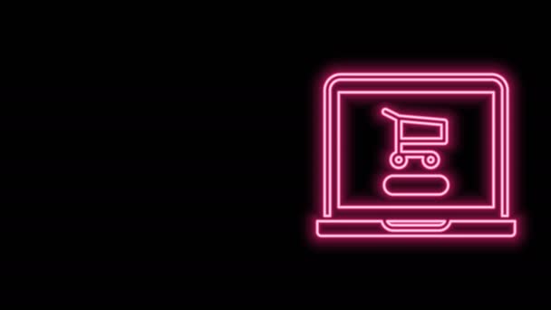 Brillante línea de neón Carro de compras en la pantalla icono del ordenador portátil aislado sobre fondo negro. Concepto e-commerce, e-business, marketing online. Animación gráfica de vídeo 4K — Vídeos de Stock