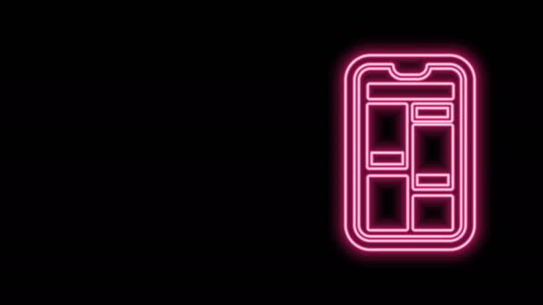 Gloeiende neon lijn Online winkelen op mobiele telefoon pictogram geïsoleerd op zwarte achtergrond. Internet shop, mobiele winkel app en betalingen facturatie. 4K Video motion grafische animatie — Stockvideo