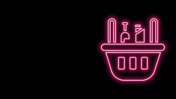 Világító neon vonal Bevásárlókosár és élelmiszer ikon elszigetelt fekete alapon. Élelmiszerbolt, szupermarket. 4K Videó mozgás grafikus animáció — Stock videók