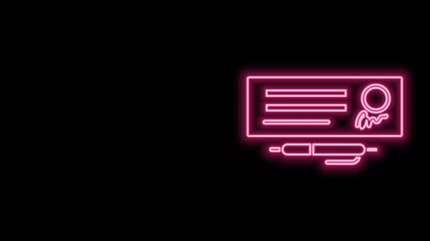 Glowing neon line Blank template of the bank check and pen icon isolated on black background. Checkbook cheque page with empty fields to fill. 4K Video motion graphic animation — Stock Video