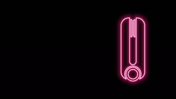 Gloeiende neon lijn krultang voor haar pictogram geïsoleerd op zwarte achtergrond. Haar stijltang icoon. 4K Video motion grafische animatie — Stockvideo