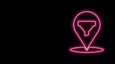 Siyah arkaplanda izole edilmiş satıcı huni simgesiyle parlayan neon hattı konumu. Bilgi şablonu. 4K Video hareketli grafik canlandırması