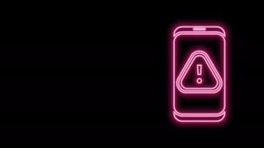 Siyah zemin üzerinde ünlem işareti simgesi olan parlak neon hattı cep telefonu. Uyarı mesajı akıllı telefon uyarısı. 4K Video hareketli grafik canlandırması