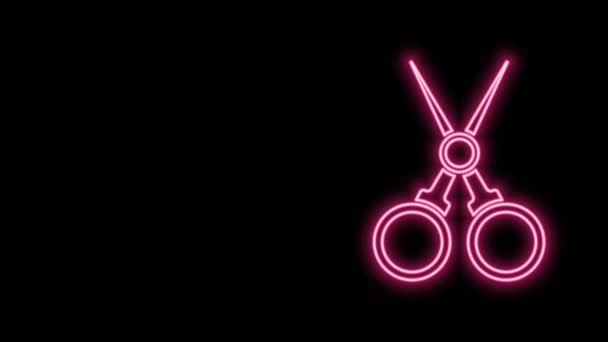 Linea fluorescente al neon Forbici icona parrucchiere isolata su sfondo nero. Parrucchiere, salone di moda e segno barbiere. Simbolo del barbiere. Animazione grafica 4K Video motion — Video Stock