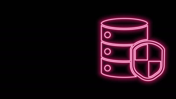 Glowing neon line Server with shield icon isolated on black background. Protection against attacks. Network firewall, router, switch, data. 4K Video motion graphic animation — Stock Video
