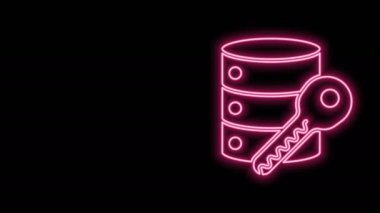 Siyah arkaplanda anahtar simgesi olan parlayan neon hattı sunucu güvenliği. Güvenlik, güvenlik, koruma kavramı. 4K Video hareketli grafik canlandırması