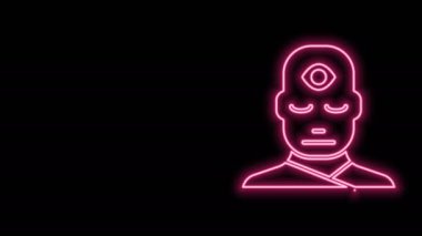 Siyah arka planda üçüncü göz ikonu olan parlak neon çizgili adam. Meditasyon konsepti, enerji vizyonu, aura. 4K Video hareketli grafik canlandırması