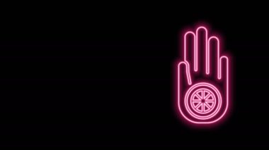 Parlayan neon çizgisi Jainizm sembolü ya da Jain Dharma simgesi siyah arkaplanda izole edilmiş. Dini işaret. Ahimsa 'nın sembolü. 4K Video hareketli grafik canlandırması