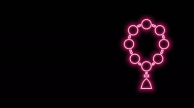 Parlayan neon hattı tespih, siyah arka planda izole edilmiş din ikonu. 4K Video hareketli grafik canlandırması