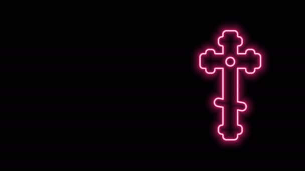 Linha de néon brilhante ícone cruz cristã isolado no fundo preto. Cruzamento. Animação gráfica em movimento de vídeo 4K — Vídeo de Stock