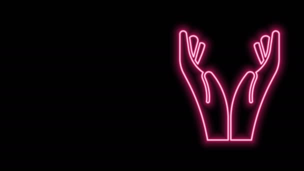 Gloeiende neon lijn Handen in bidpositie pictogram geïsoleerd op zwarte achtergrond. Gebed tot God met geloof en hoop. 4K Video motion grafische animatie — Stockvideo