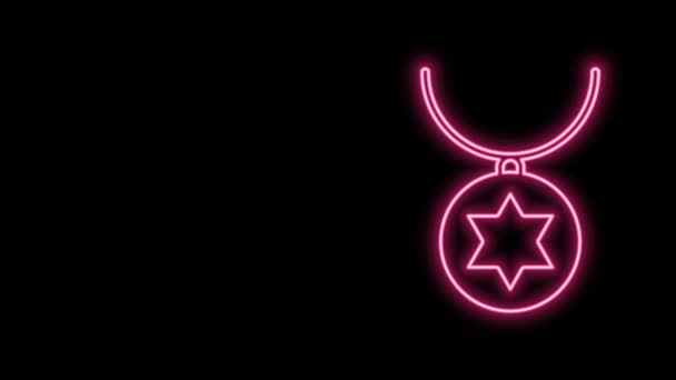 Glödande neon linje Star of David halsband på kedja ikon isolerad på svart bakgrund. Judisk religion. Israels symbol. Smycken och tillbehör. 4K Video motion grafisk animation — Stockvideo