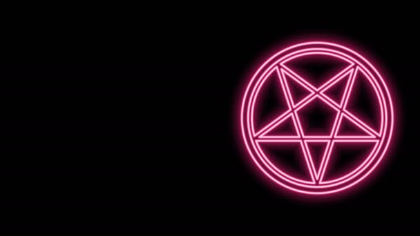 Glowing neon line Pentagram in a circle icon isolated on black background. Magic occult star symbol. 4K Video motion graphic animation — Stock Video