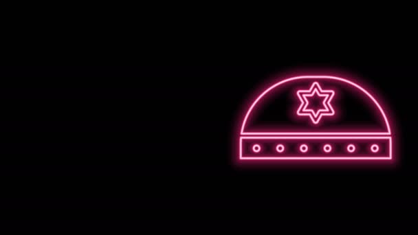 Светящаяся неоновая линия еврейской кипы со звездой из иконы Дэвида, выделенной на черном фоне. Еврейская ермолка. Видеографическая анимация 4K — стоковое видео
