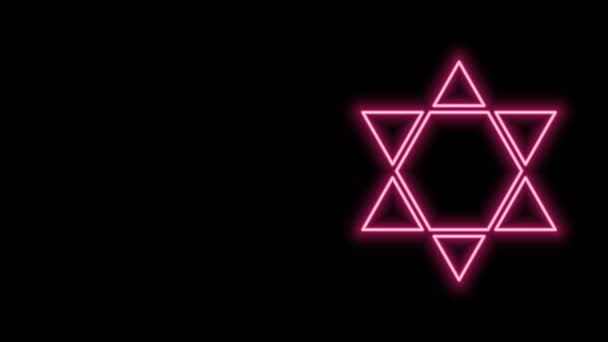 Светящаяся неоновая линия Значок Звезды Давида выделен на черном фоне. Еврейский символ религии. Символ Израиля. Видеографическая анимация 4K — стоковое видео