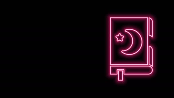 흑색 배경에 고립된 코란 아이콘의 네온 라인. 이슬람 명절, 이드 무바라크, 이드 알 - 피우르, 라마단 카림. 4K 비디오 모션 그래픽 애니메이션 — 비디오
