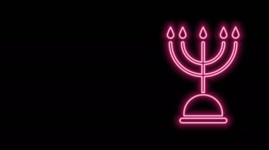 Parlayan neon hattı Hanuka menorah simgesi siyah arkaplanda izole edildi. Geleneksel Hanuka sembolü. Tatil dini, Yahudi Işık Festivali. 4K Video hareketli grafik canlandırması