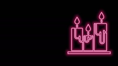 Parlayan neon hattı. Siyah arkaplanda izole edilmiş mum yakma simgesi. Silindirik mum çubuğu ve yanan ateş. 4K Video hareketli grafik canlandırması