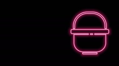 Parlayan neon hattı kamp ikonu siyah arka planda izole edildi. Haşlama ya da güveç besin sembolü. 4K Video hareketli grafik canlandırması