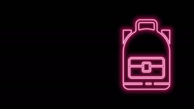 Parlayan neon çizgisi Yürüyüş sırt çantası simgesi siyah arkaplanda izole edildi. Kamp ve dağ gezisi sırt çantası. 4K Video hareketli grafik canlandırması