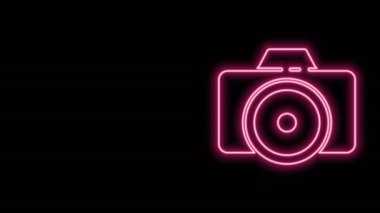 Parlayan neon hattı fotoğraf makinesi simgesi siyah arkaplanda izole edildi. Fotoğraf makinesi simgesi. 4K Video hareketli grafik canlandırması