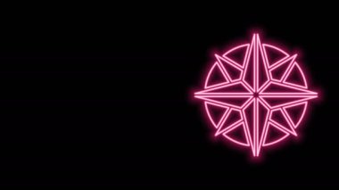 Parlayan neon çizgisi. Rüzgar simgesi siyah arkaplanda izole edilmiş. Seyahat için pusula simgesi. Navigasyon tasarımı. 4K Video hareketli grafik canlandırması