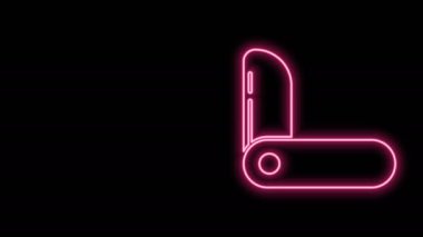 Parlayan neon hattı İsviçre çakısı ikonu siyah arka planda izole edildi. Çoklu alet, çok amaçlı çakı. Çok fonksiyonlu bir alet. 4K Video hareketli grafik canlandırması