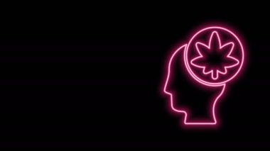 Siyah arka planda marihuana veya kenevir yaprağı ikonu bulunan parlak neon çizgili erkek kafası profili. Marihuanayı yasallaştırma. Kenevir sembolü. 4K Video hareketli grafik canlandırması