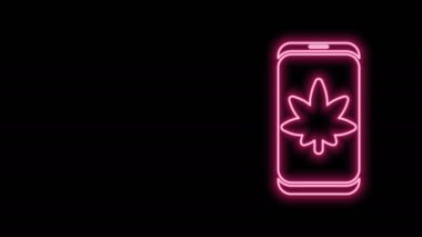 Parlak neon hattı cep telefonu ve tıbbi marihuana veya kenevir yaprağı ikonu siyah arka planda izole edilmiş. İnternetten satın alma sembolü. Süpermarket sepeti. 4K Video hareketli grafik canlandırması